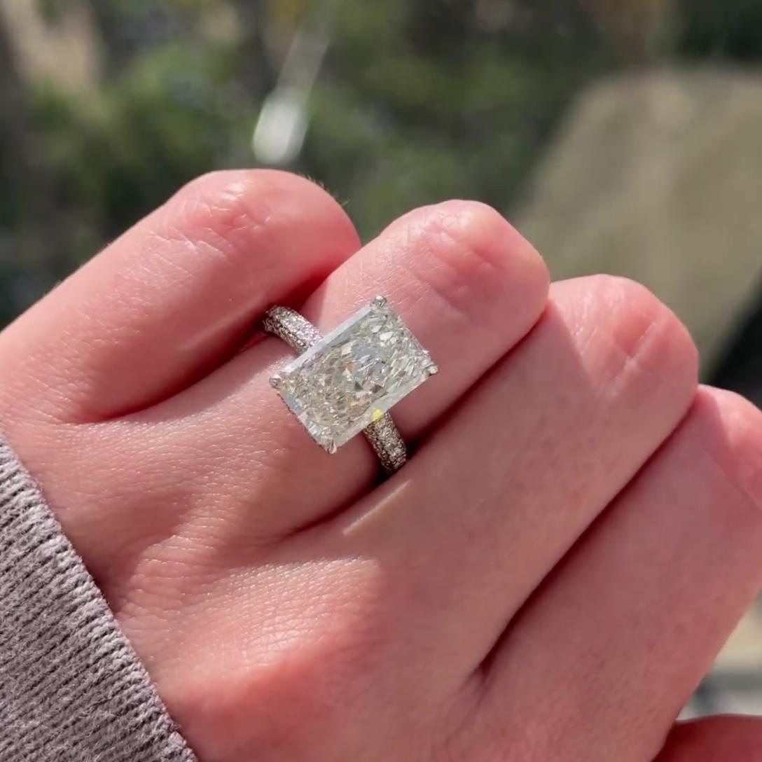 Radiant 7.30tcw Lab Grown Diamond Hidden Halo And Pavé Band Engagement Ring | Cathedral Setting | IGI Certified