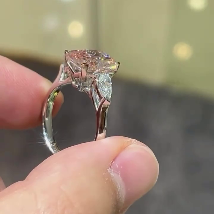 4.40tcw Fancy Pink Cushion Lab Grown Diamond Ring | 0.40ct Pear Side Stones | Three Stone Style Ring | White Gold | With  IGI Certified