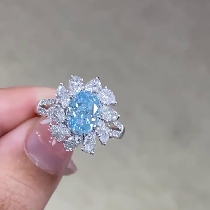 Fancy Blue Oval Lab Diamond Ring 5.00tcw with Floral Halo | VVS–VS IGI Certified