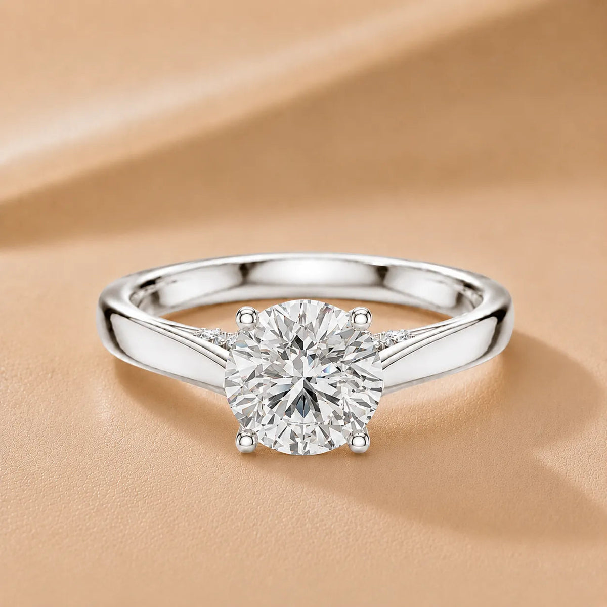 The Aurora Solitaire Side Diamond Engagement Ring – Round (925 Sterling Silver)